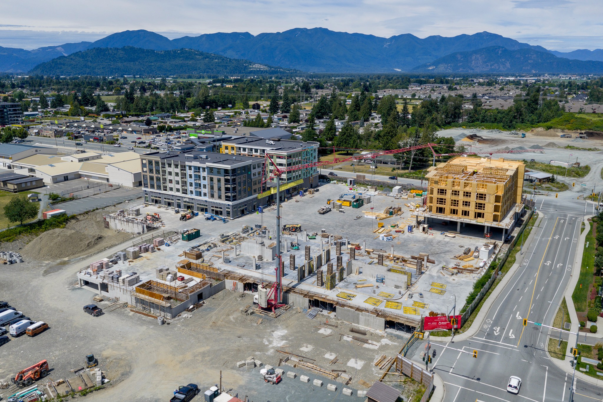 Andmar construction site in Chilliwack, Fraser Valley, British Columbia, with buildings and roads under development.