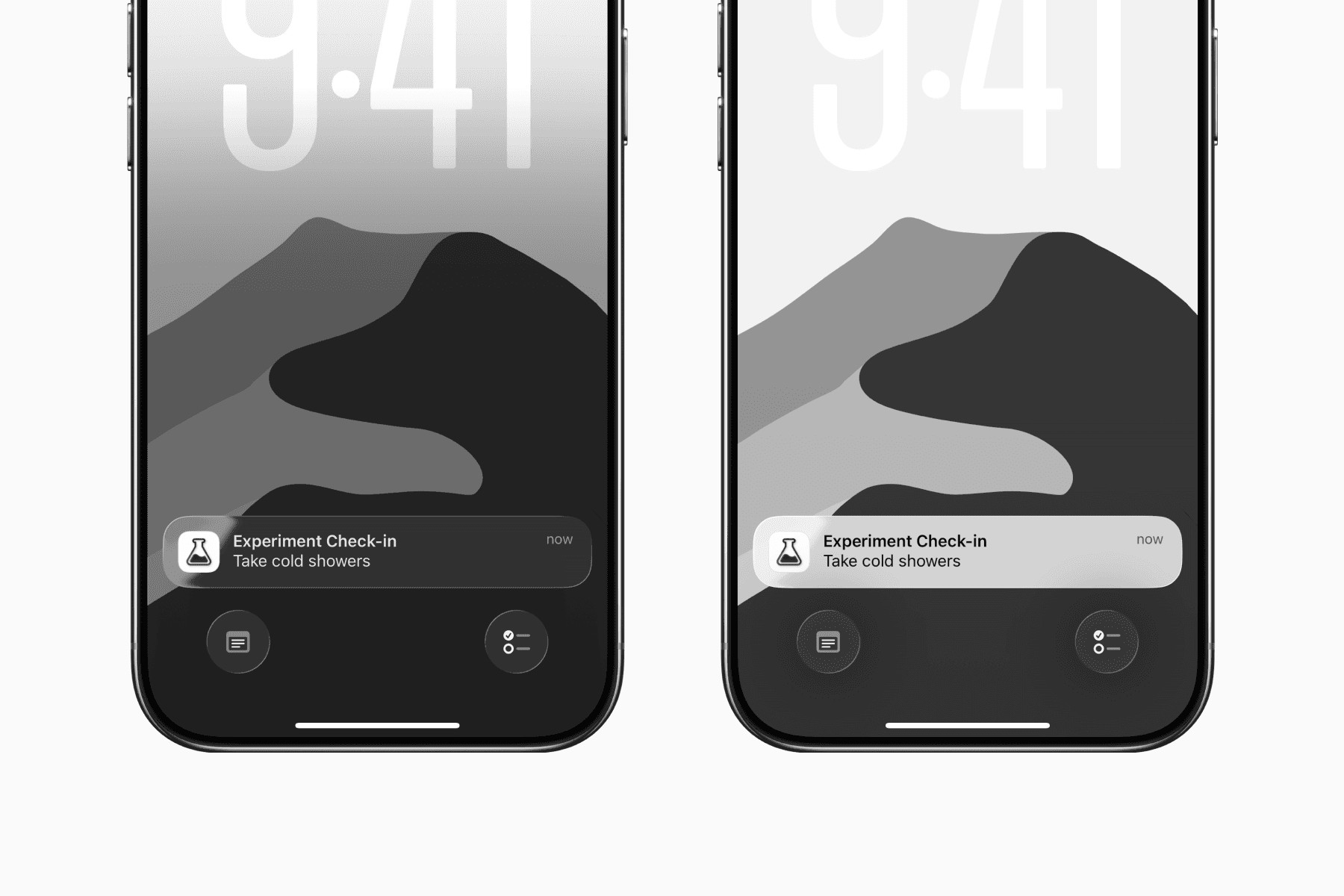 Clear and tinted liquid glass comparison of notifications on two iPhones