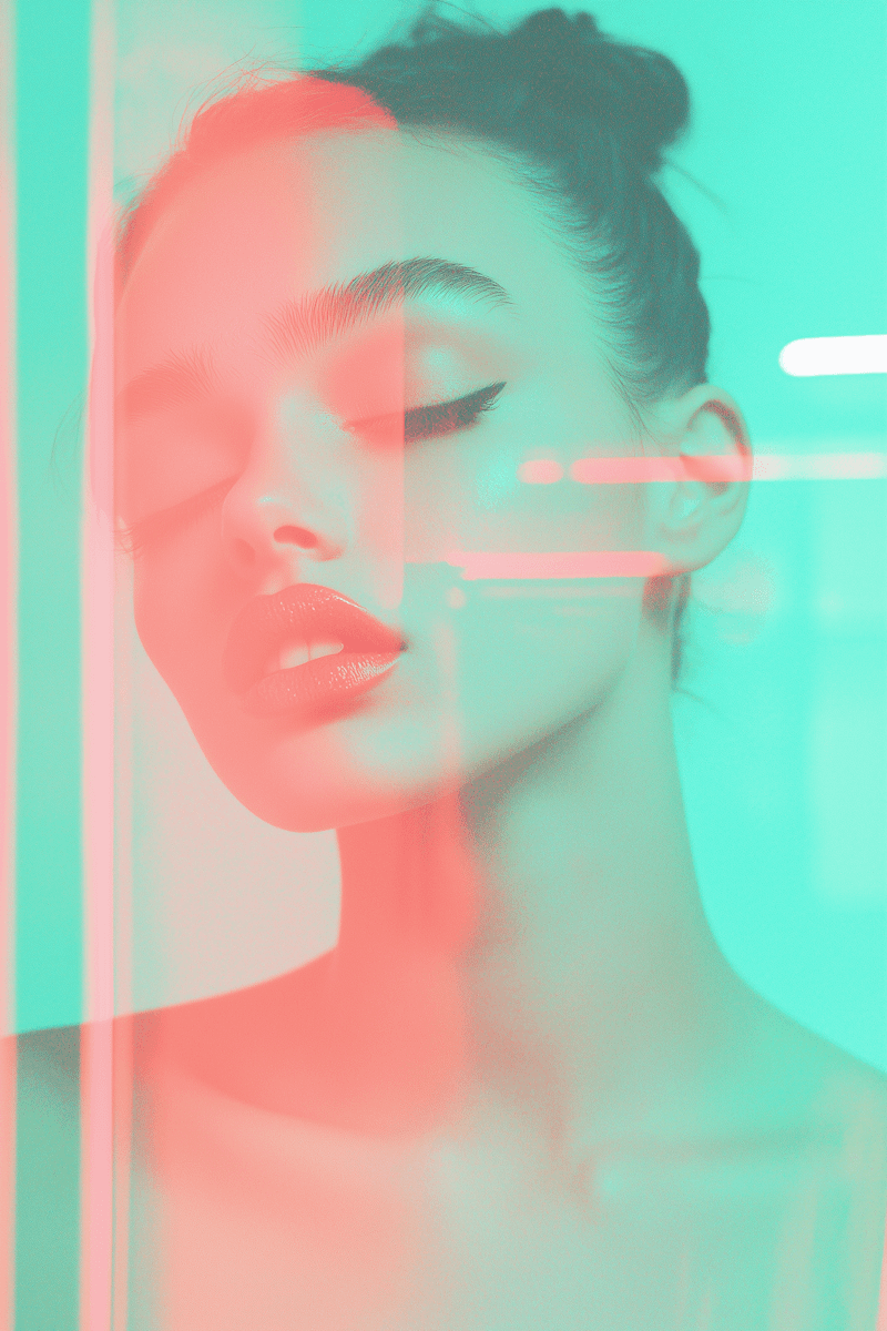 A close-up of a woman with closed eyes, soft features, and a blend of pastel pink and teal colors in the background.