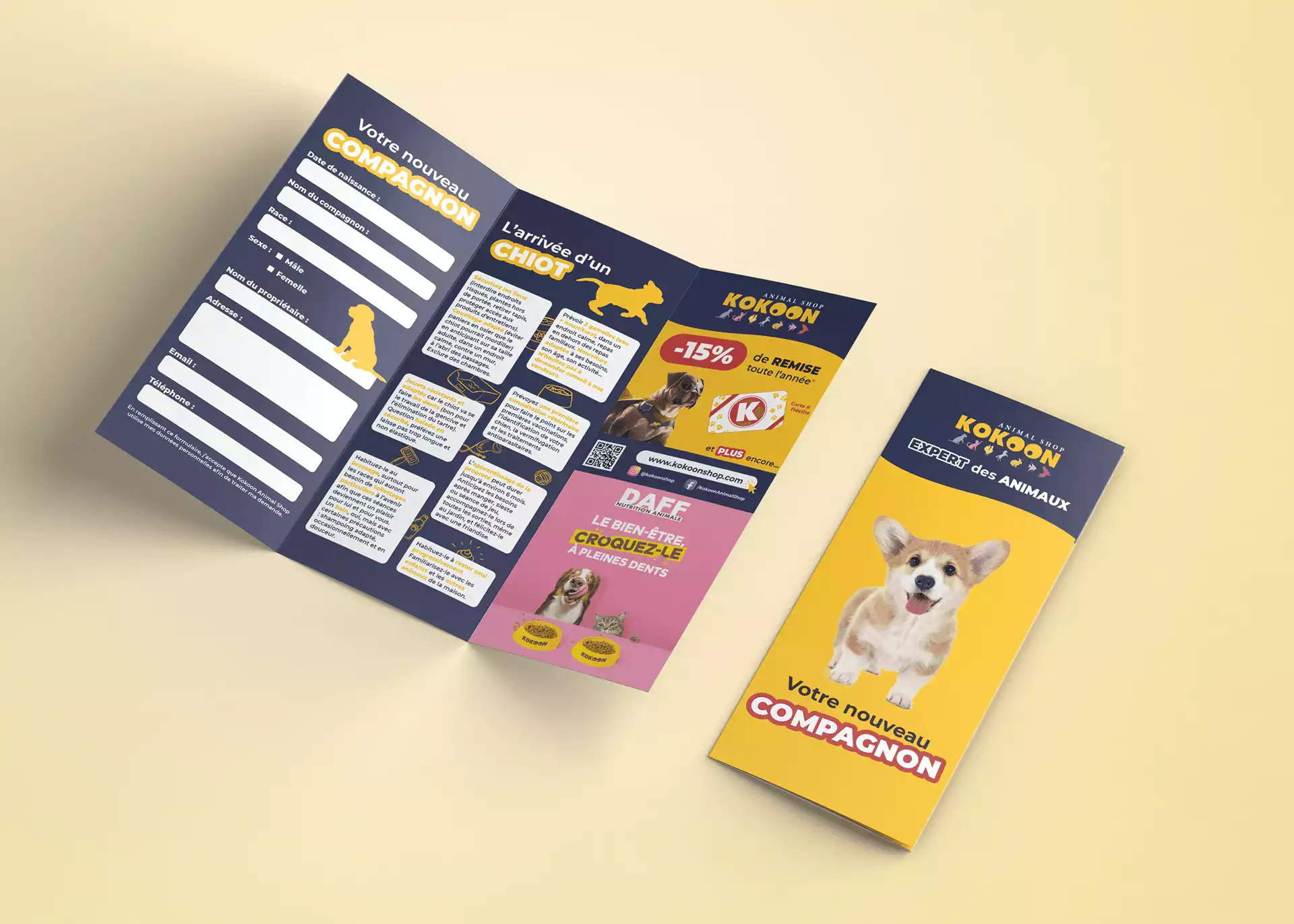 Dépliant chiot réalisé pour Kokoon, chaîne d'animaleries