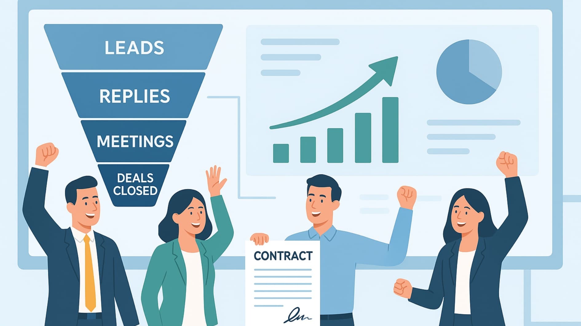 Illustration of a sales process that closes deals through a high-converting cold email outreach system.