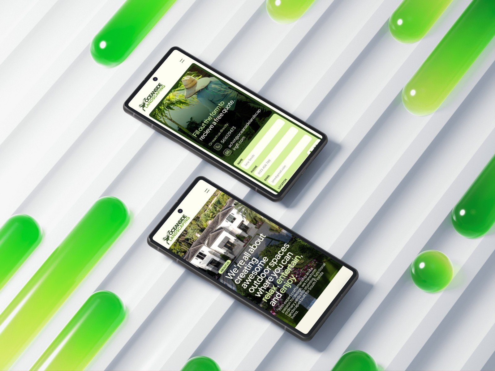 Bright green laboratory-style vials or test tubes arranged with smartphone screens displaying app interfaces, set against a white background with green accents.
