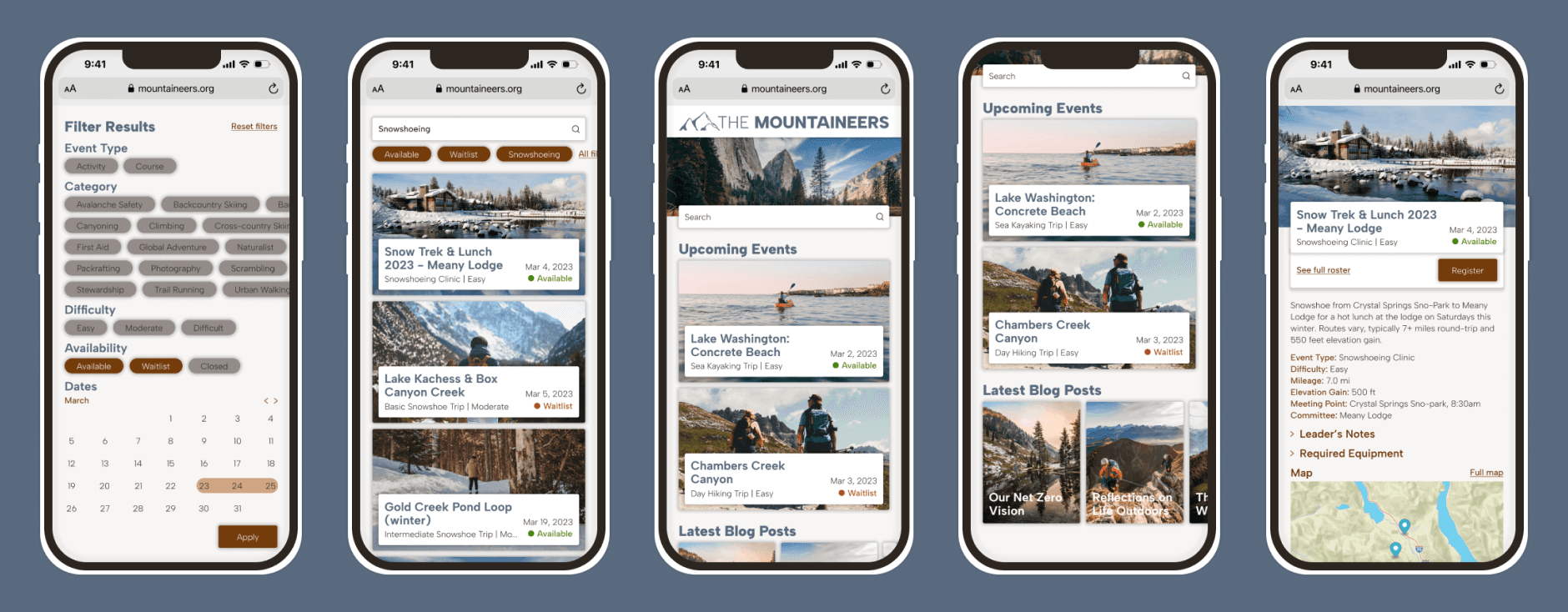 A row of 5 mock ups for a new Mountaineers website. From left to right, filters, search results, home screen, upcoming events, and event details.