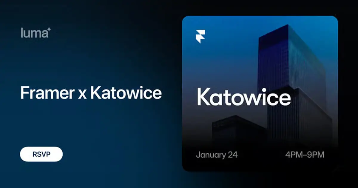 Official event graphic for the Framer x Katowice meetup, featuring a modern architectural silhouette, the Framer logo, and event details for January 24th on a dark blue gradient background.
