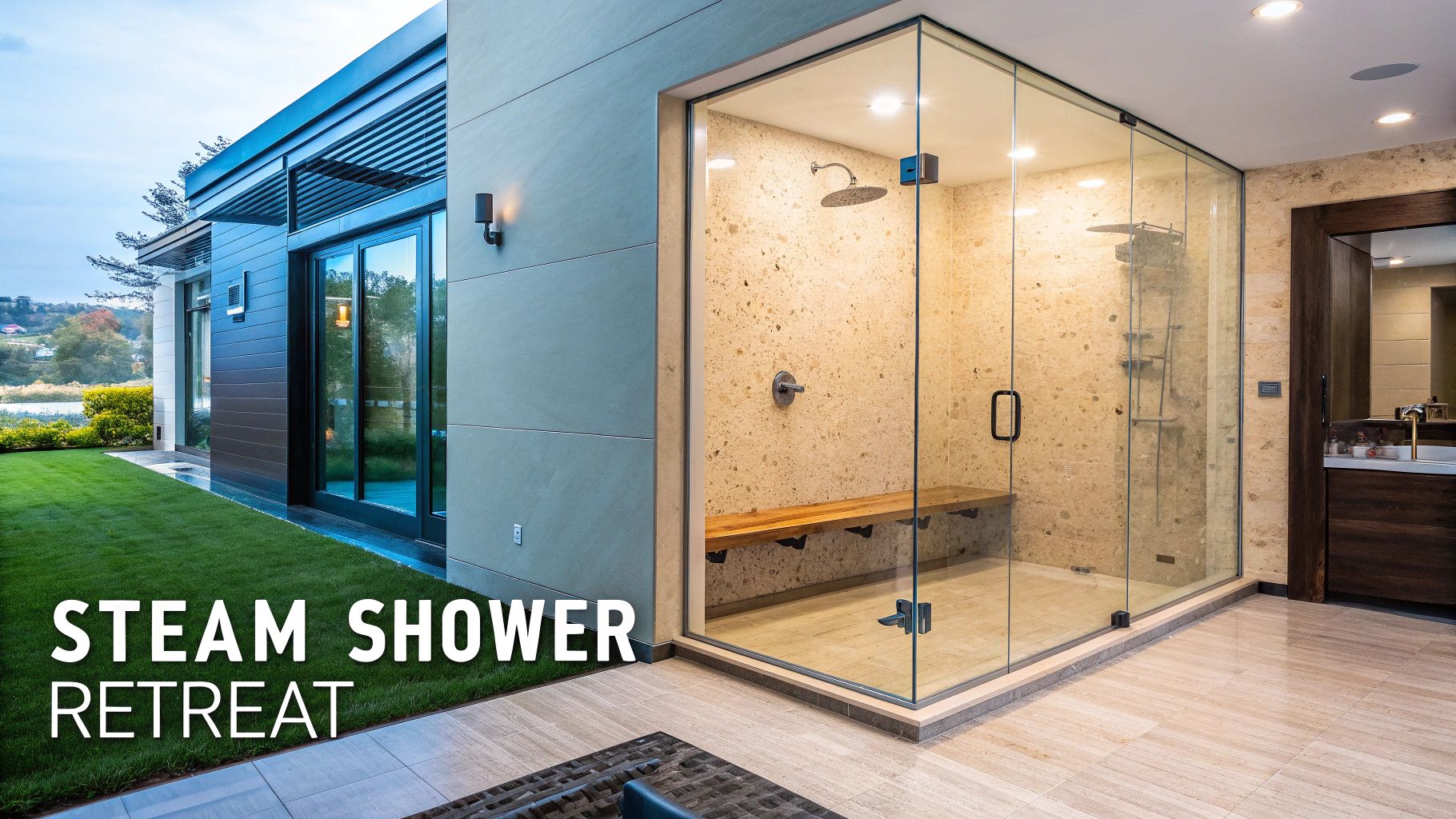 A luxurious outdoor steam shower retreat with a glass enclosure, wooden bench, and modern home exterior.