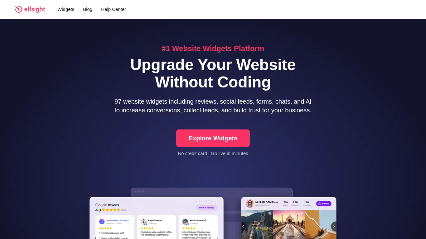 Page d’accueil Elfsight - aperçu des widgets (avis, social feeds, formulaires, chats)