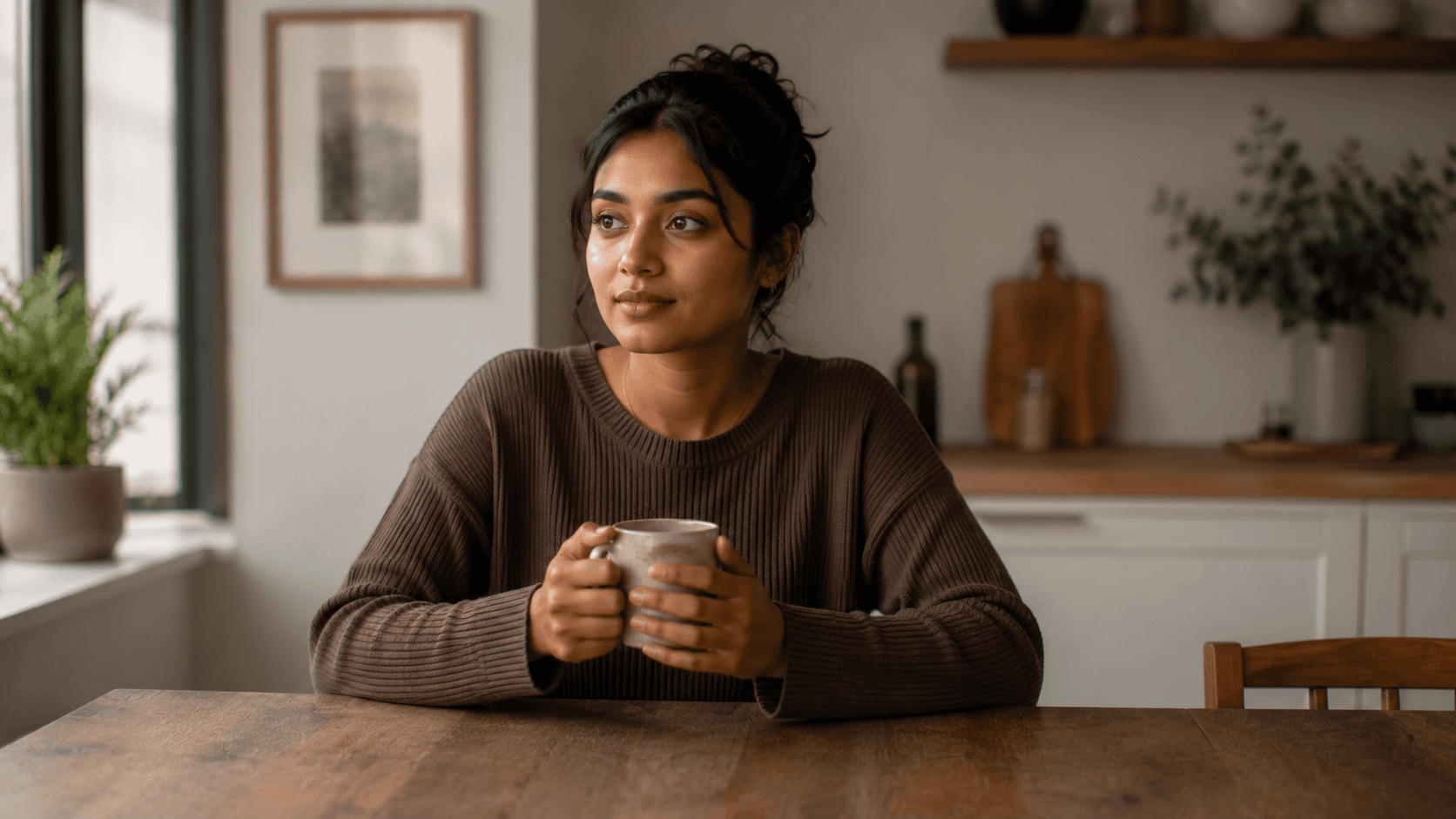 Woman sitting at a kitchen table holding a cup in soft morning light