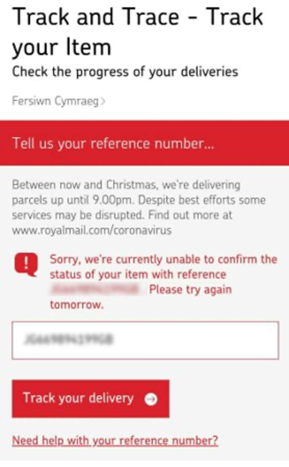 Royal Mail tracking page showing delivery status error message