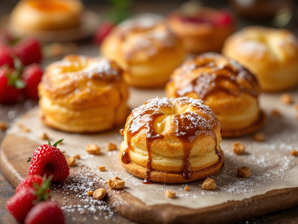 Close-up view of several cream puffs drizzled with caramel and dusted with powdered sugar, arranged on a wooden board with fresh raspberries scattered around.