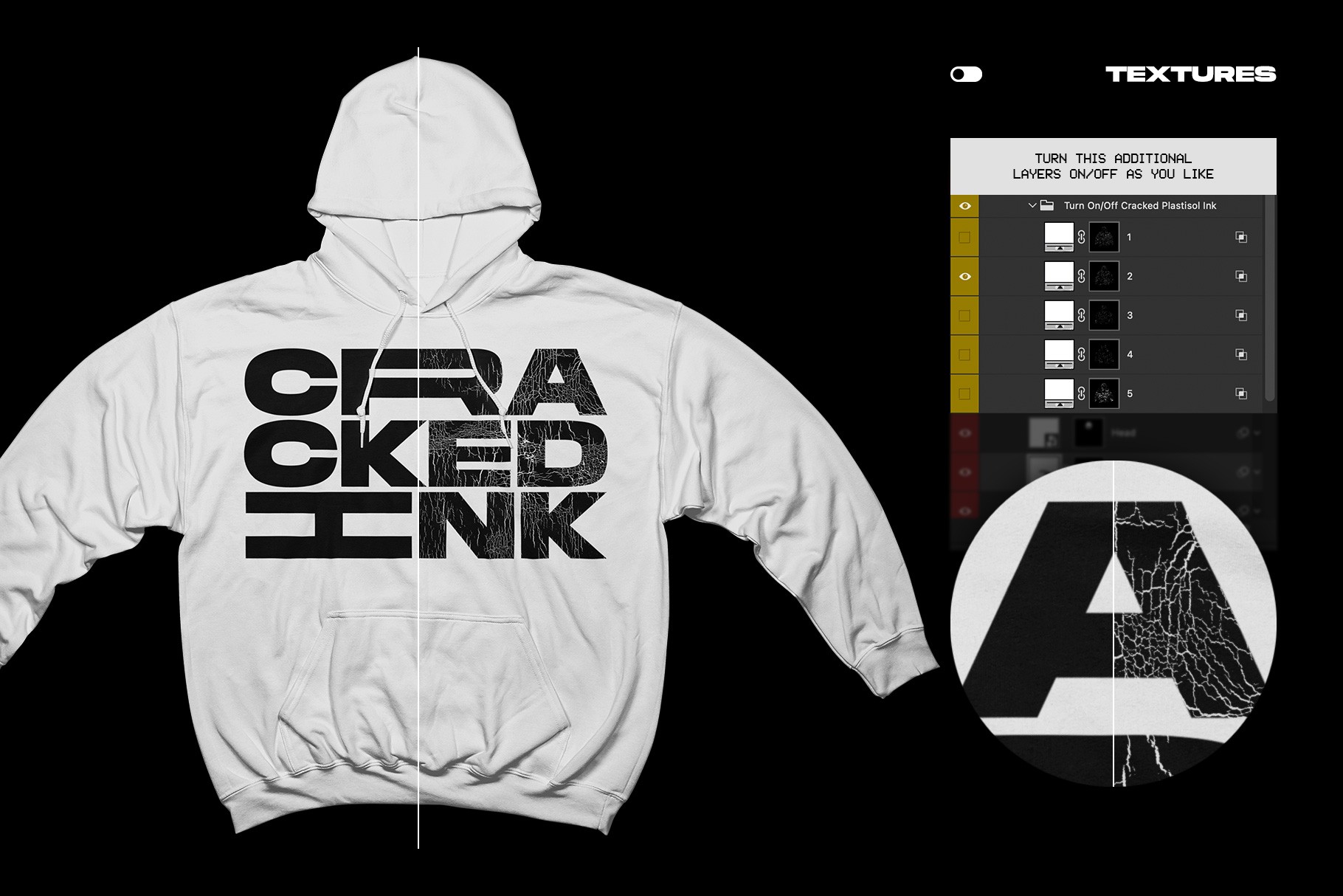 Gildan 18500 Hoodie Wide Arms mockup cracked plastisol ink texture effect