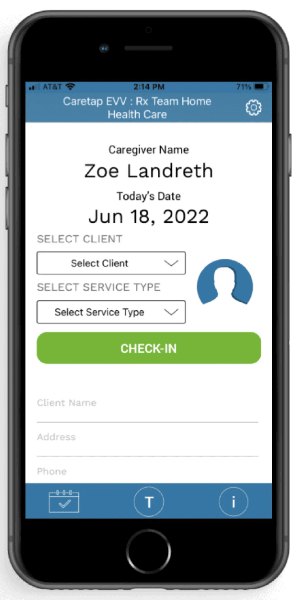 iPhone mockup of the Caretap home screen.