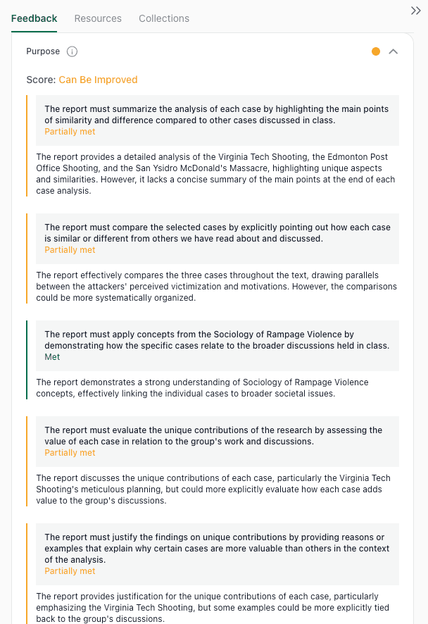 thesify interface showing the Purpose rubric with scores such as ‘Can Be Improved’ and detailed comments on a report about the Virginia Tech shooting and other rampage violence cases.