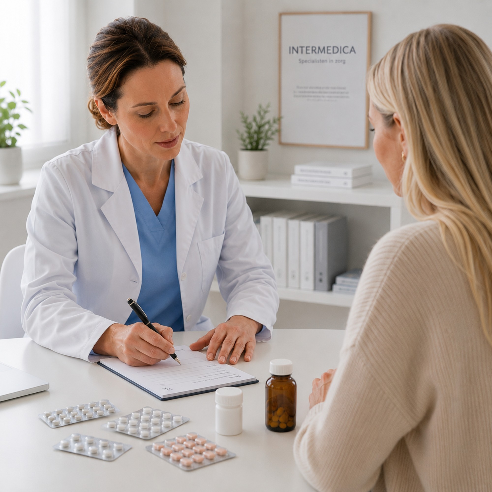 Arts van Intermedica bespreekt medische behandelingen zoals minoxidil, finasteride en dutasteride tijdens een consult over haarverlies.