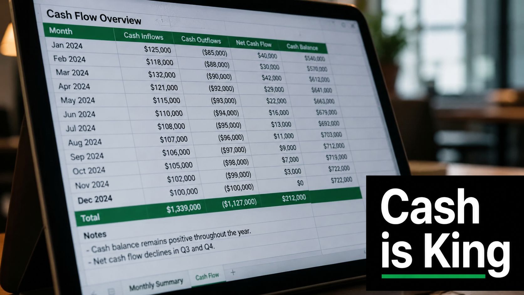 A tablet screen displaying a 2024 cash flow overview spreadsheet with monthly financial data.