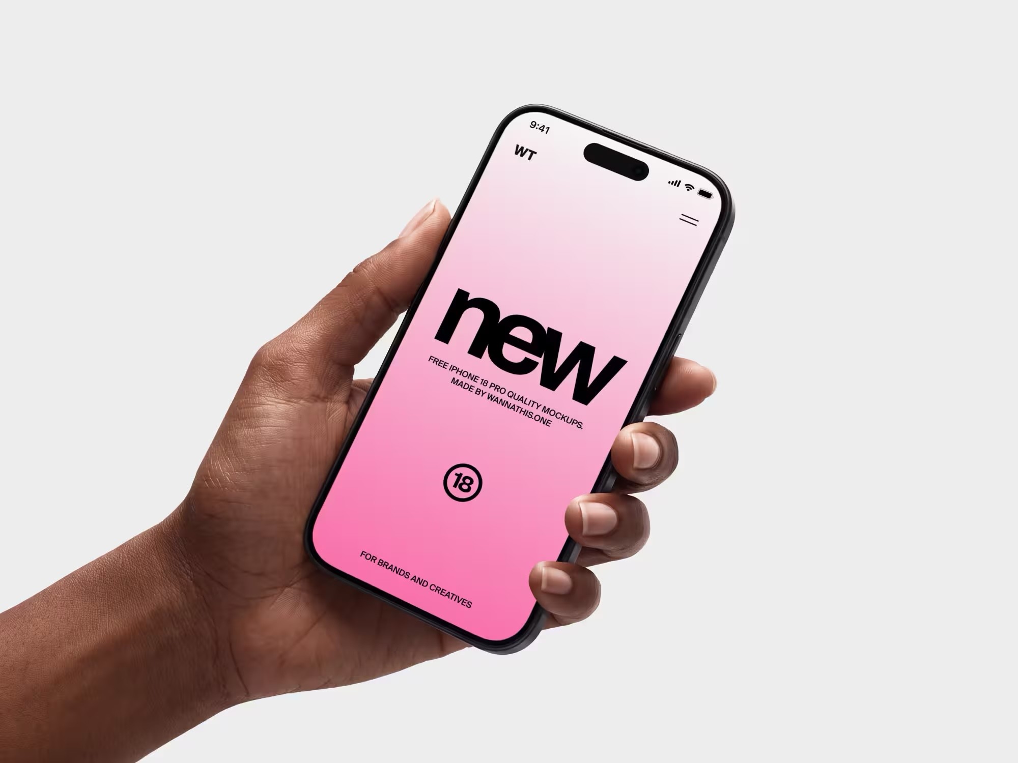 Hand holding a phone with a pink app screen
