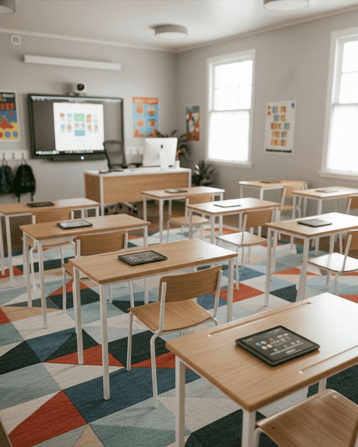 An old wooden desk in a vintage classroom setting