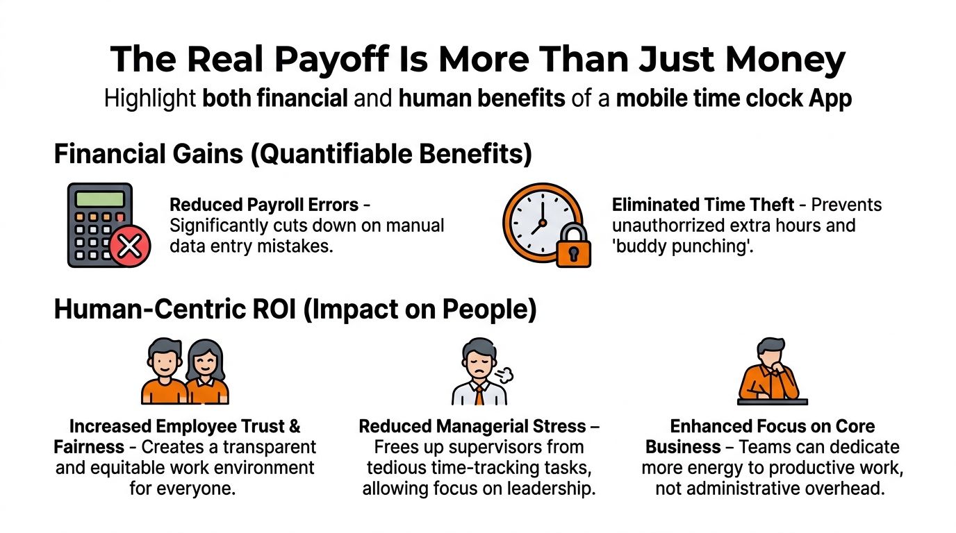 An infographic showing the financial and human-centric benefits of using a mobile time clock app for businesses.