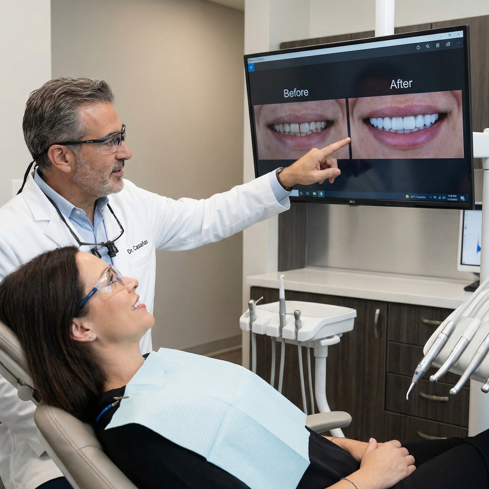 Dr. Casañas performing digital smile design consultation for porcelain veneers treatment planning
