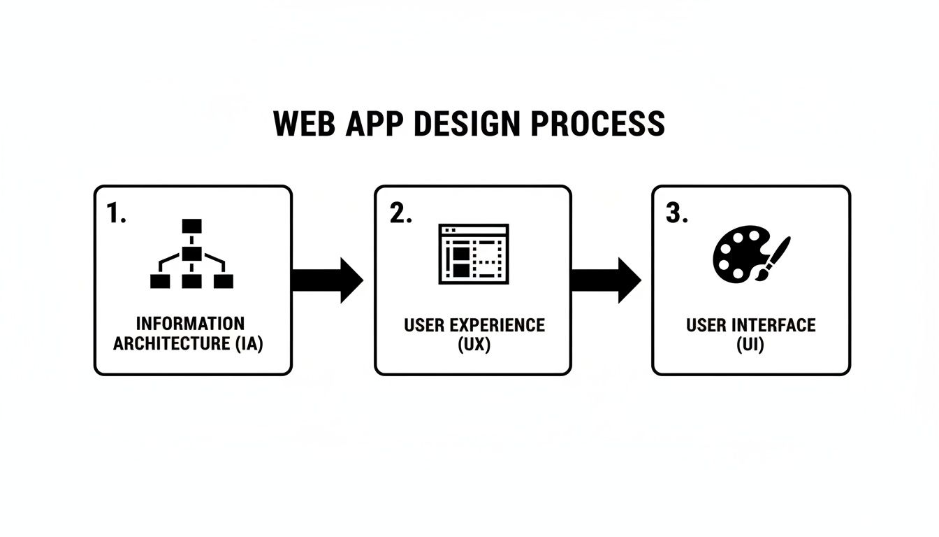 A flowchart outlining the three-step web app design process: Information Architecture, User Experience, and User Interface.
