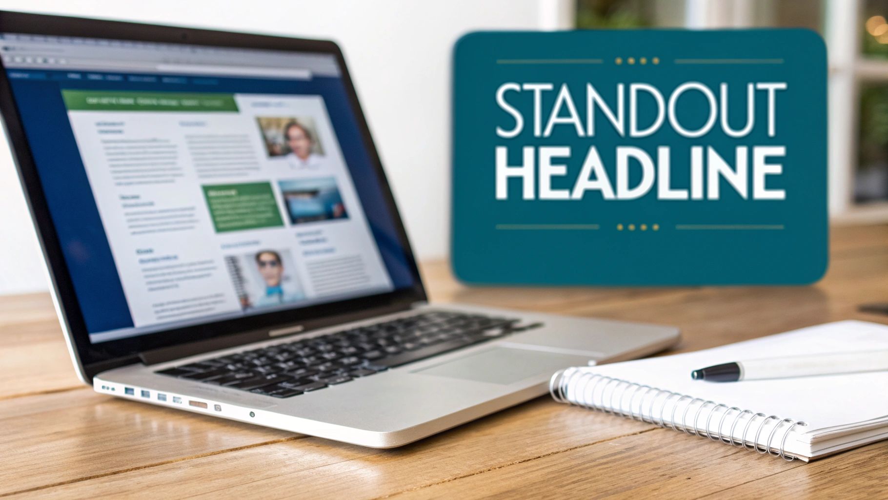 Laptop displaying a professional website next to a notebook, pen, and a 'STANDOUT HEADLINE' sign.