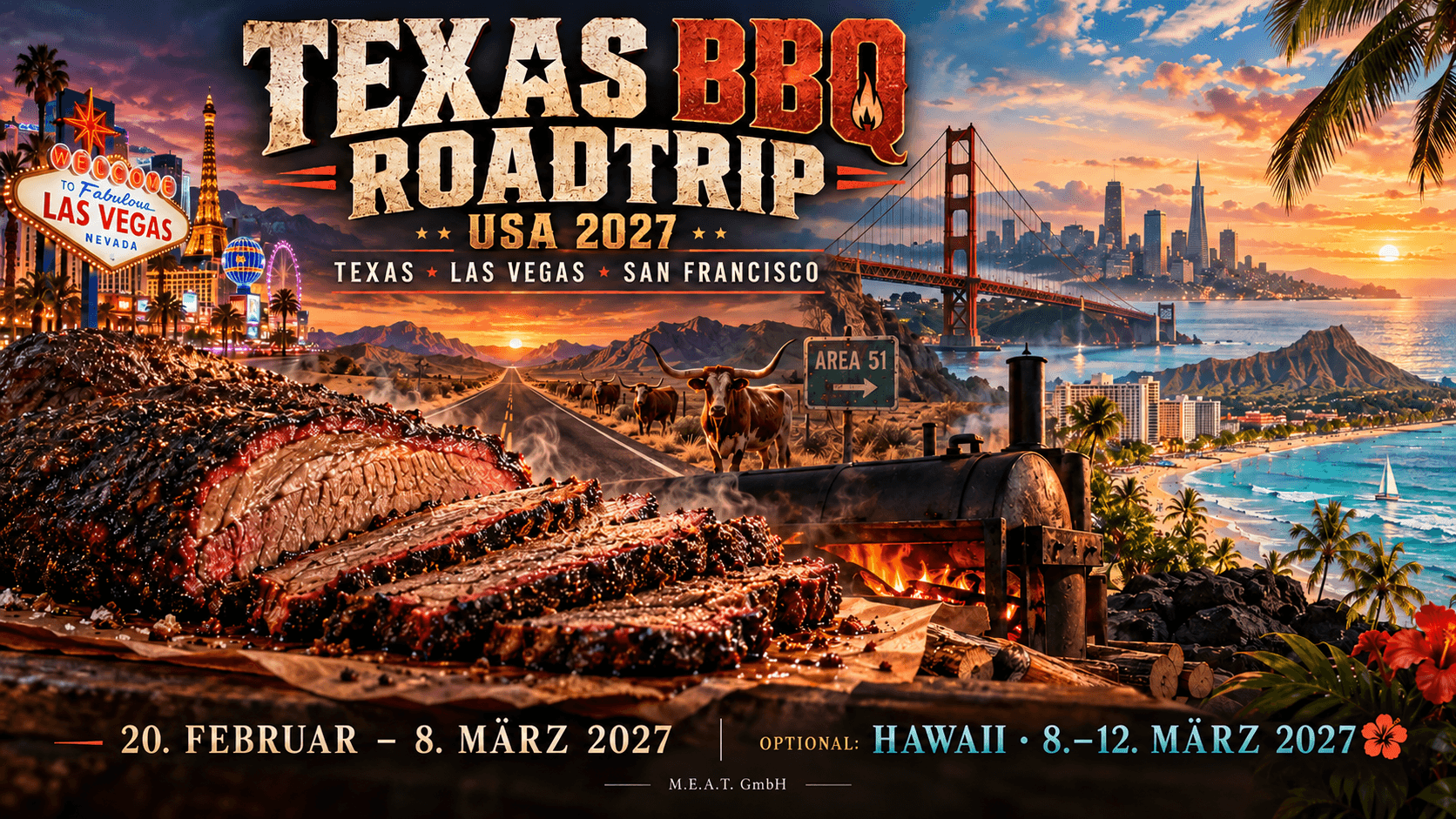 Illustratives Titelmotiv zum Texas BBQ Roadtrip USA 2027 mit Texas, Las Vegas, San Francisco und optionaler Hawaii-Verlängerung