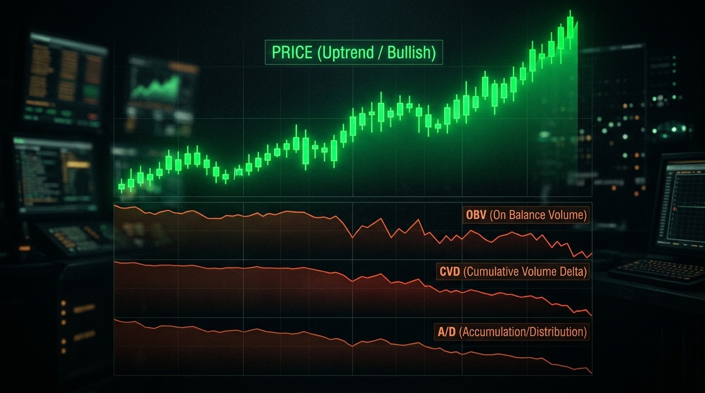  Price chart trending up while OBV, CVD, and A/D indicators all trend down, showing flow divergence against price.