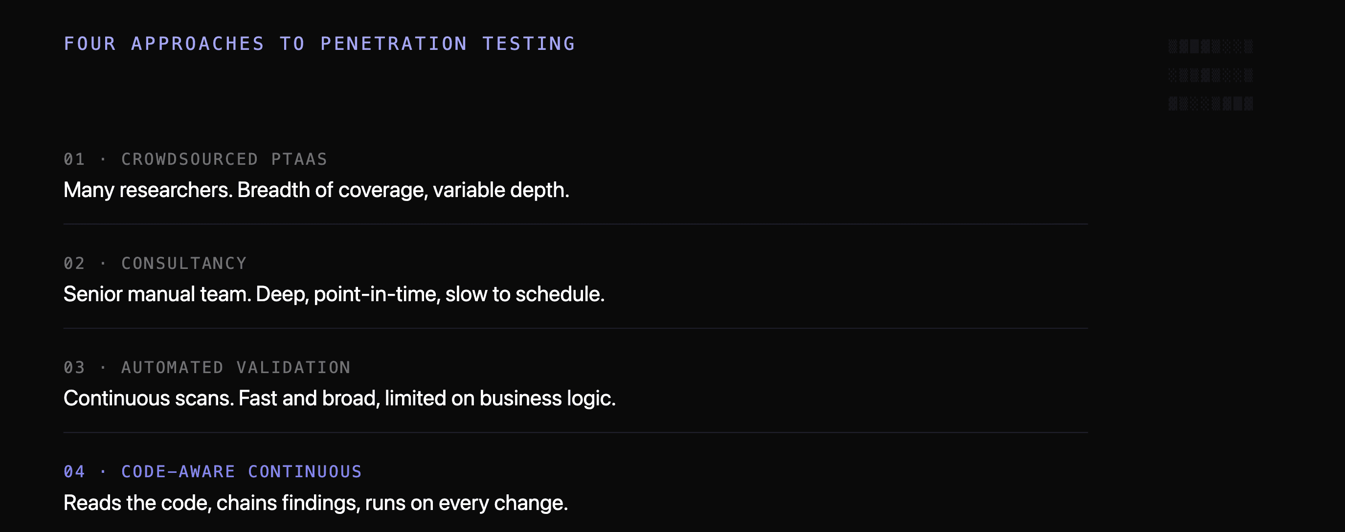 Editorial diagram of four penetration testing approaches: crowdsourced PTaaS, consultancy, automated validation, and code-aware continuous testing