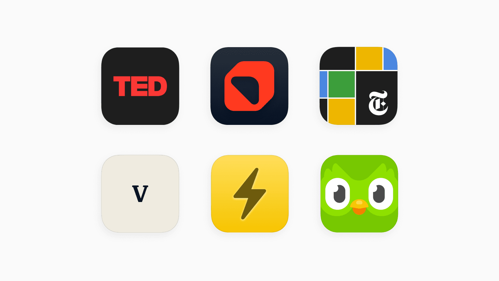 6 app icons displaying TED, Deepstash, NYT Games, Vocabulary, Reeder, and Duolingo
