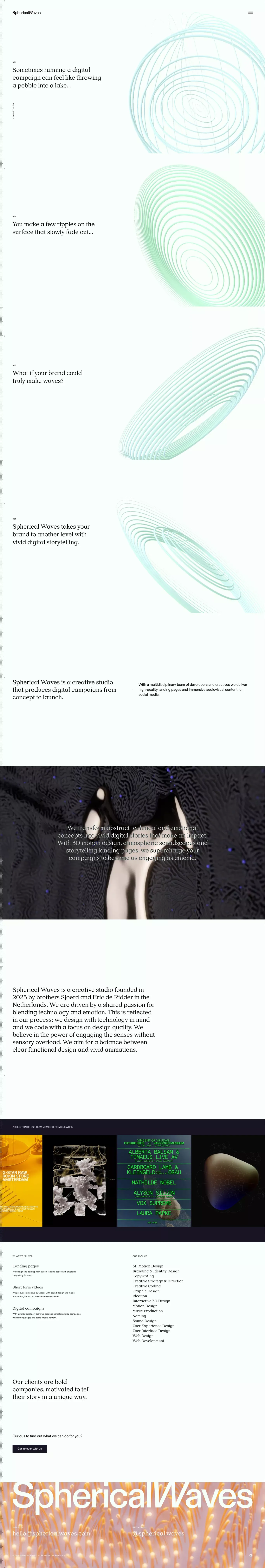 Spherical Waves Creative Studio portfolio page screenshot showcasing Design and Tech design