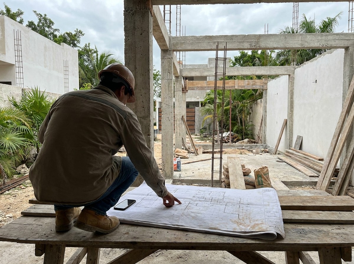 Construction supervision stage — architect reviewing drawings on a Mérida residential project site