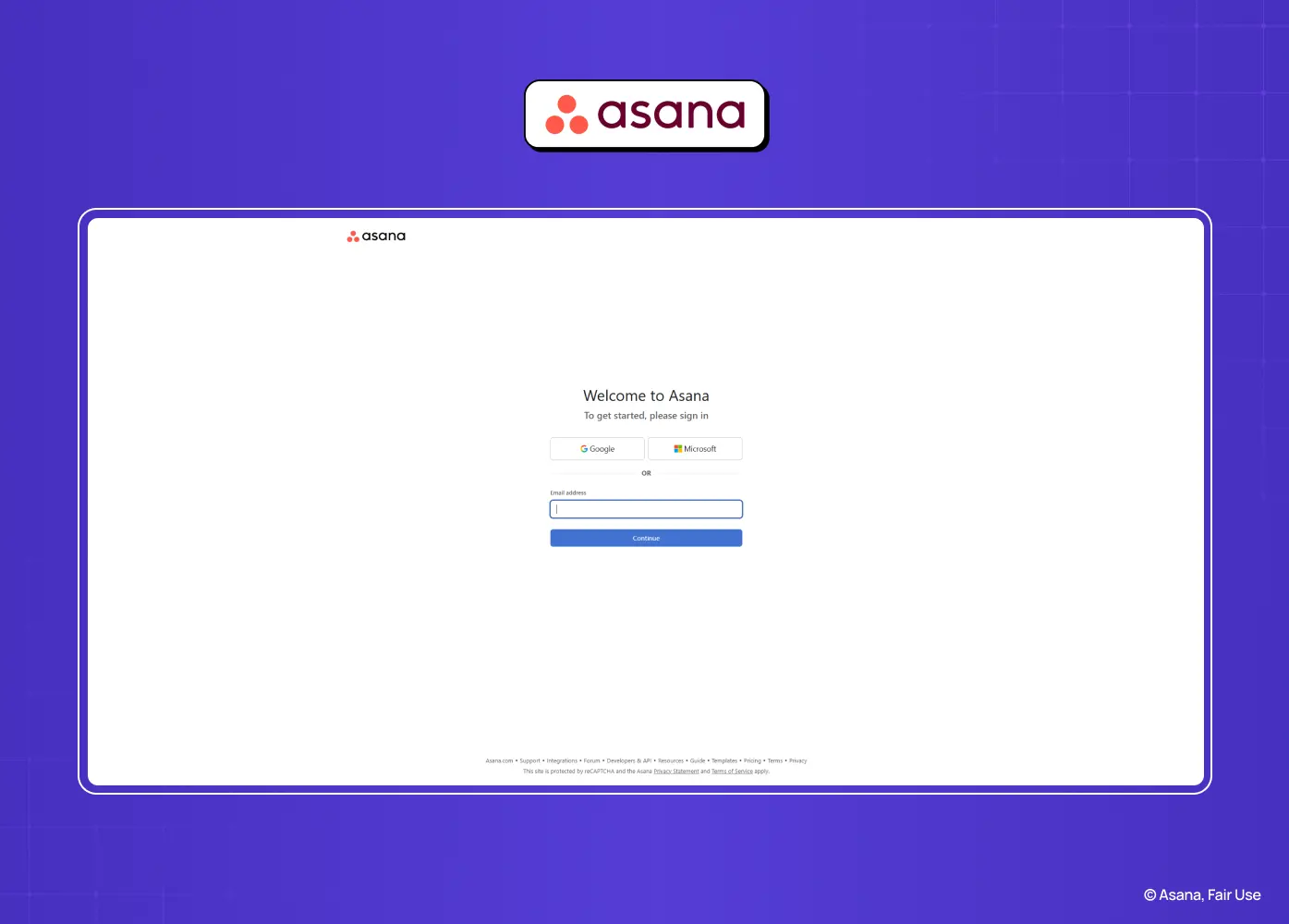 Asana welcome page offering Google, Microsoft, and email sign-in options through a clean, productivity-focused interface.