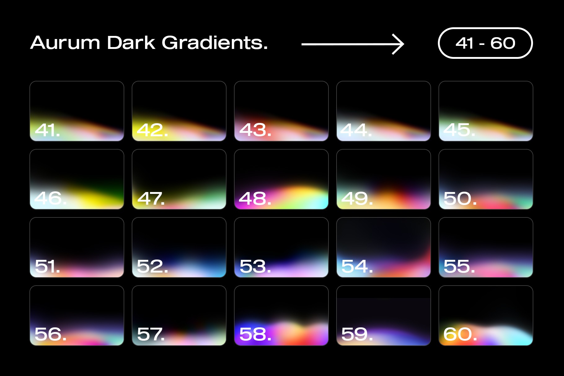 Additional collection of dark Aurum gradients 41–60, emphasizing soft glow effects and rich color contrasts.