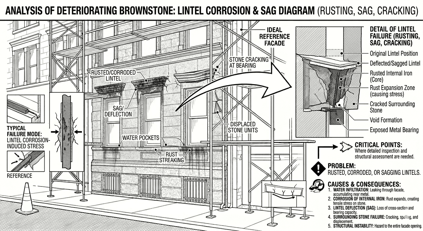 analysis diagram of brownstone lintel corrosion & sag  or rusting damages on a brownstone facade