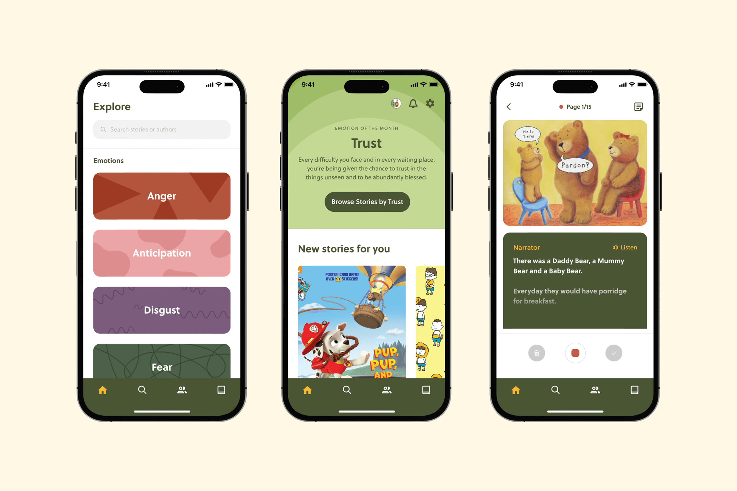 Three phone screens displaying Nine Tales' Explore page, homepage, and story recording feature