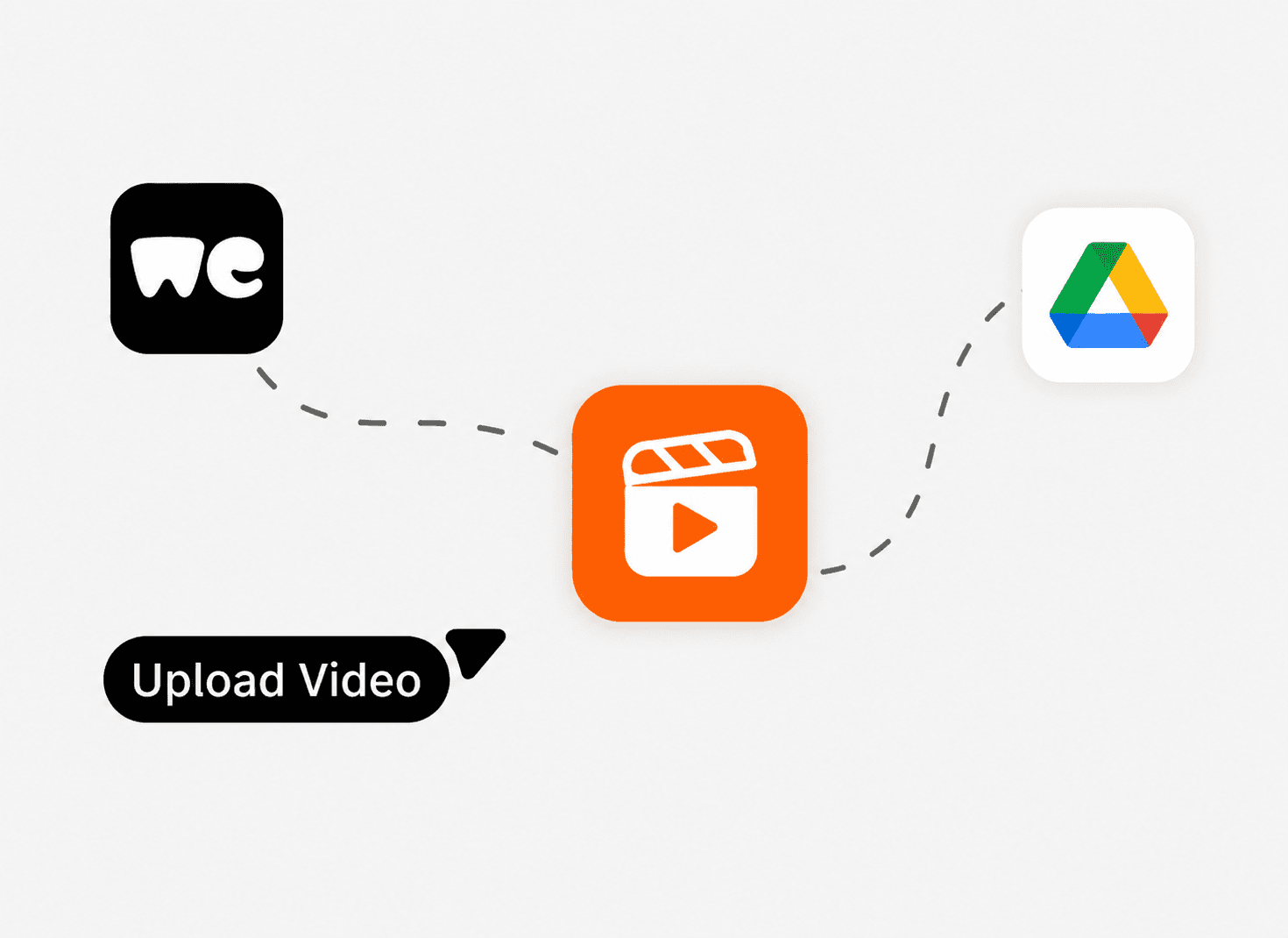 Illustration of a video upload workflow showing a file being uploaded from a video platform to cloud storage, connected by dashed lines with an orange upload icon in the center.