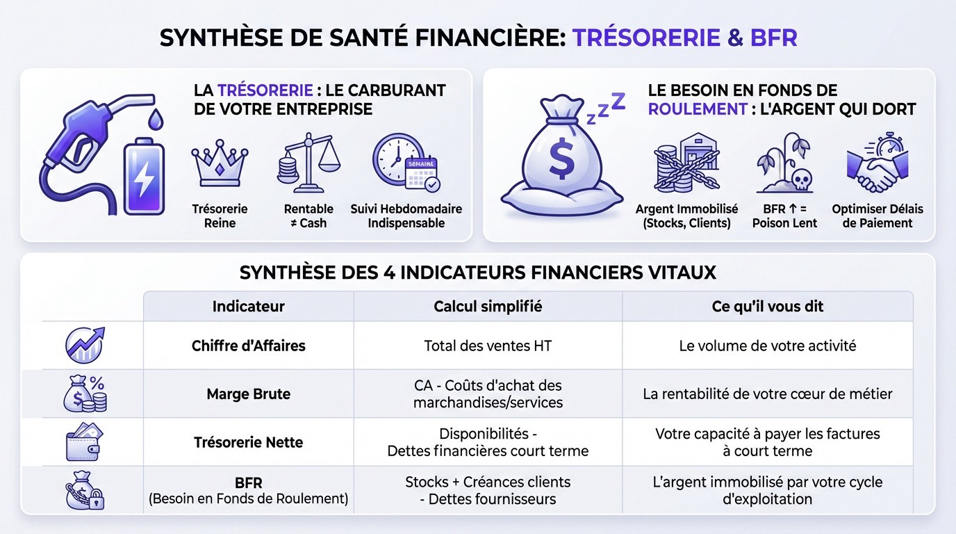 Schéma de synthèse sur la santé financière incluant trésorerie et BFR