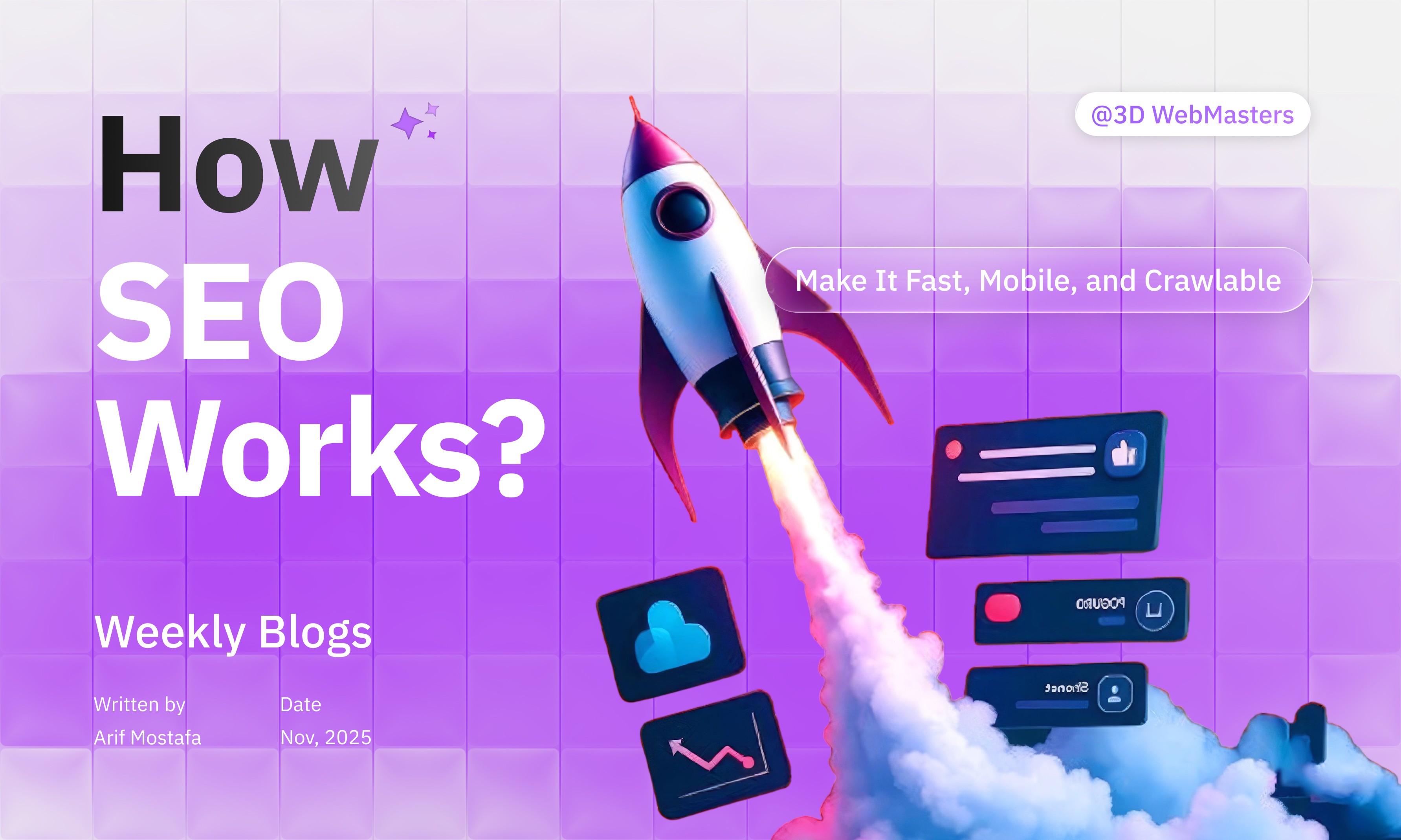 Hero image: ‘Can a Beginner Do SEO?’ with rocket launching from a laptop, highlighting 2025 updates for SEO beginners by 3D WebMasters.