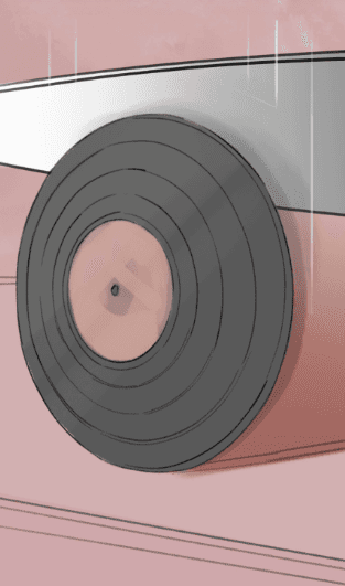 pink-toned storyboard panels show a vinyl record being sliced and falling onto a turntable