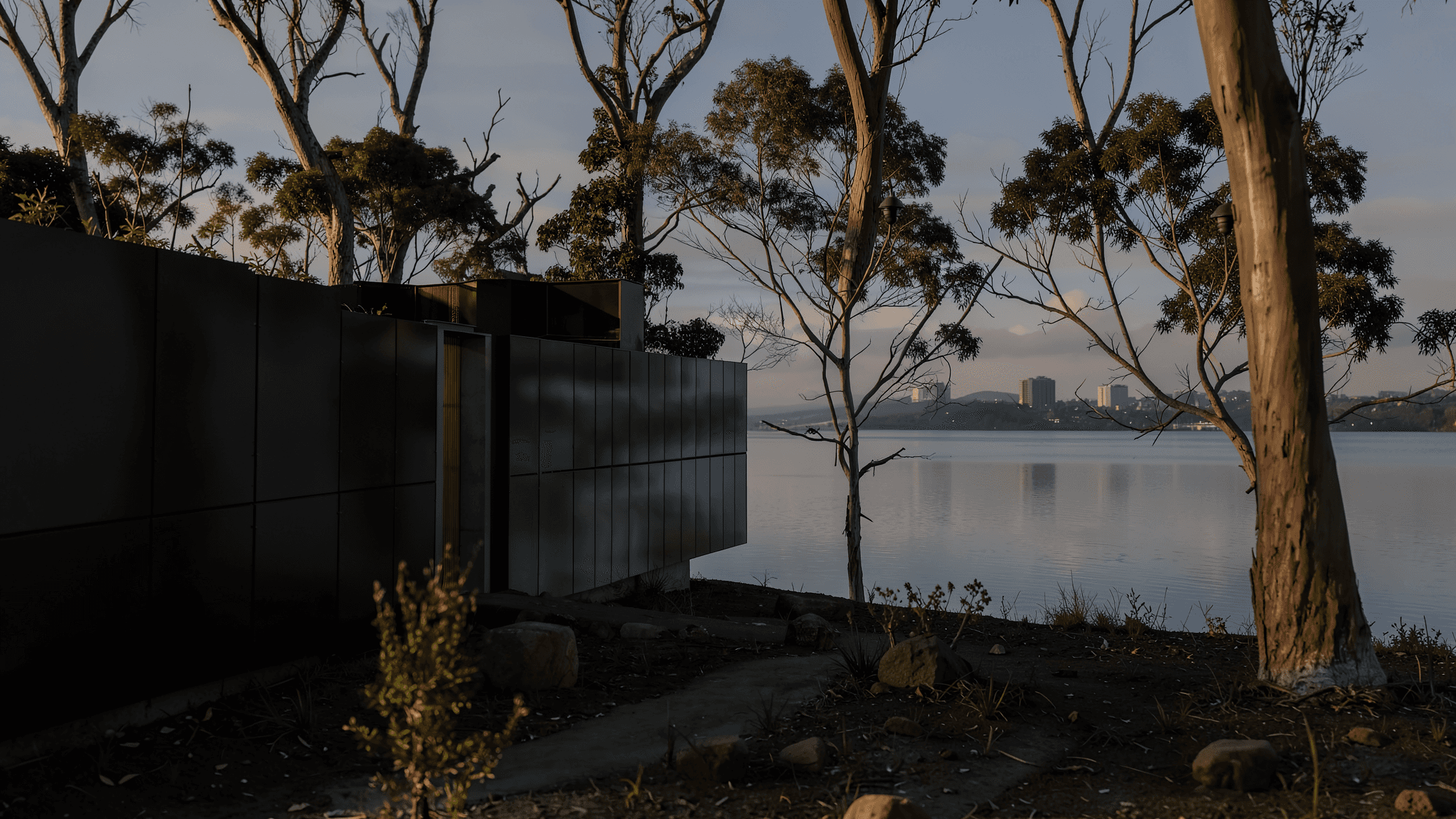 Modern house with a lake. AI-generated.