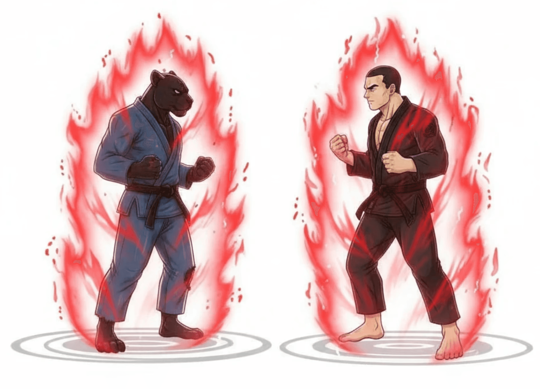 jiu jitsu panther and jiu jitsu man on fire facing off
