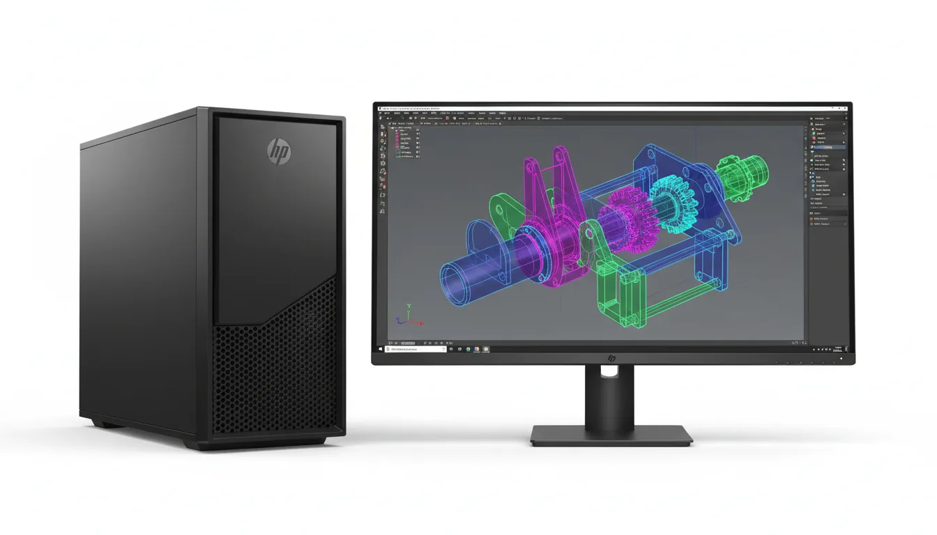 DSLR product photography of a black HP Z4 workstation PC tower and a professional monitor on a seamless white studio background. The scene is illuminated with soft studio lighting, highlighting the matte black texture and perforated front grille of the PC case. The monitor displays the Autodesk Revit software interface, showing a complex 3D wireframe and solid model of a mechanical assembly with vibrant purple, blue, and green components. The entire image is in sharp focus, showcasing both the hardware details and the intricate CAD design on the screen.