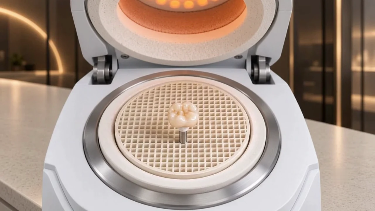 Visualización de una corona molar sobre su soporte en un horno abierto.