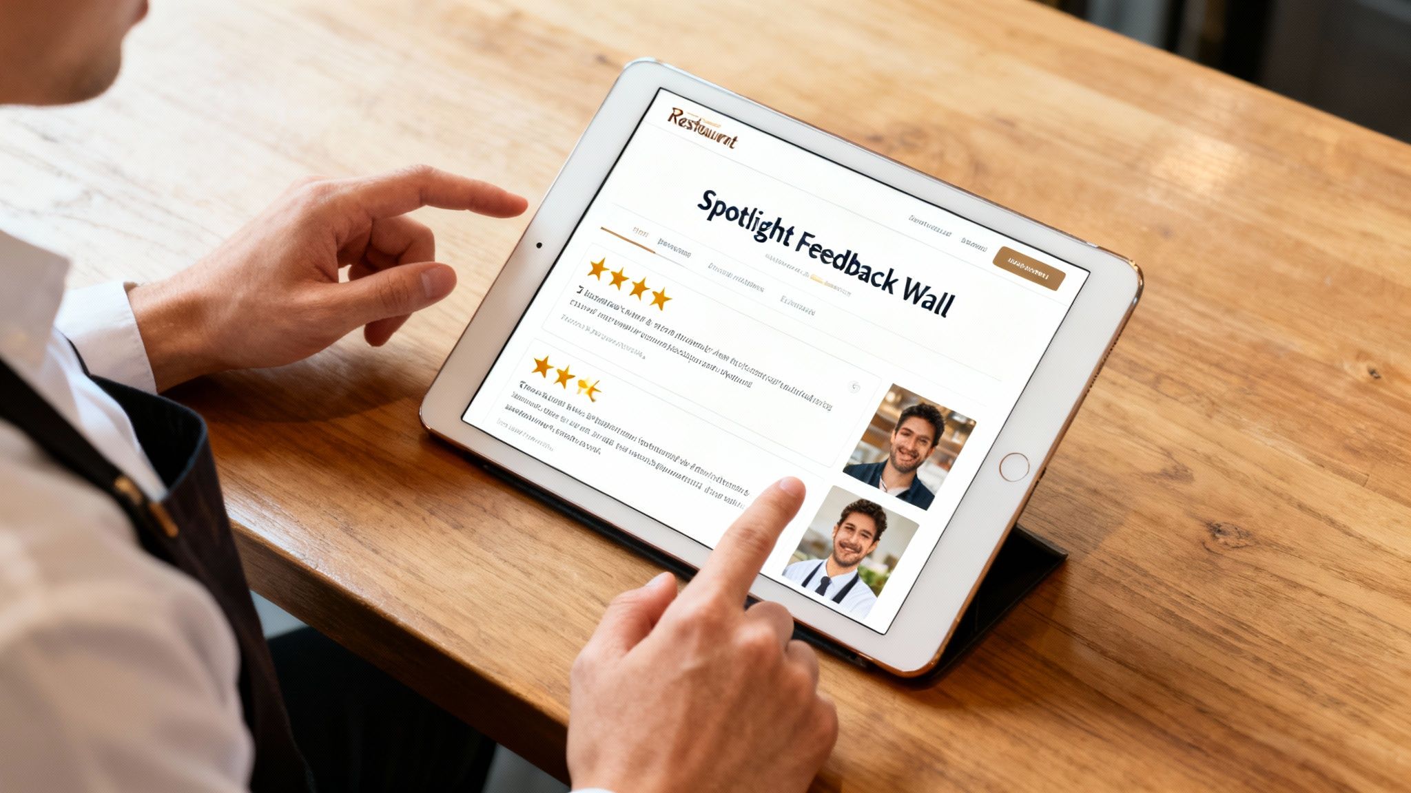 A person views customer feedback reviews on a tablet displaying a restaurant's reputation management software.