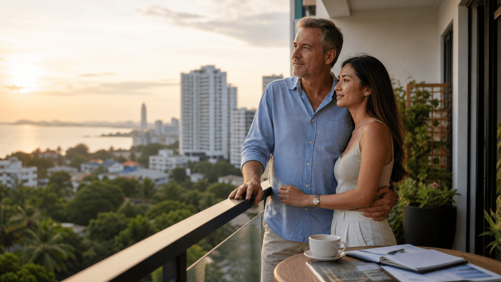 An older man with graying hair embraces a younger woman with long dark hair on a high-rise balcony at sunset, overlooking a coastal cityscape with a notebook and coffee cup on a nearby table.