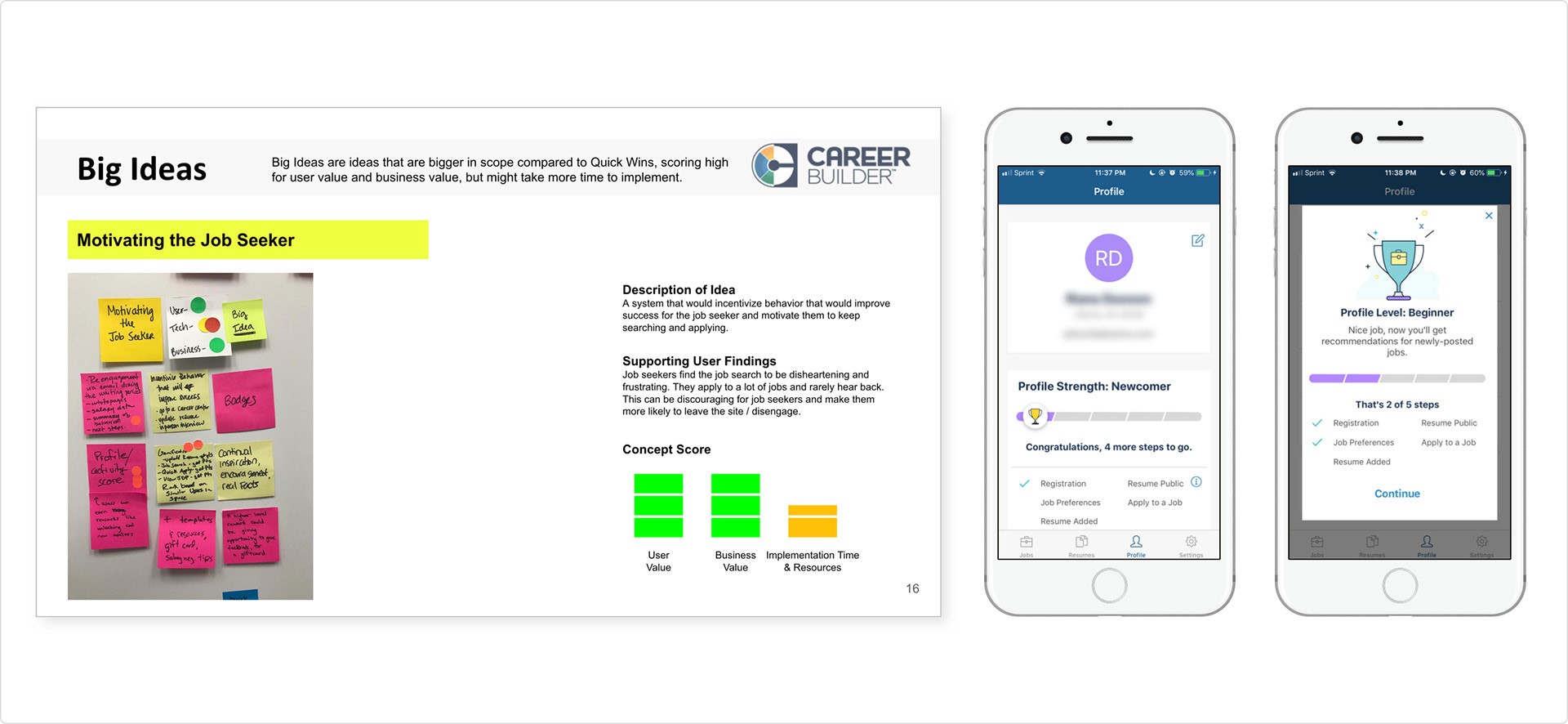 A design concept for a 'Big Idea' feature to use gamification to motivate job seekers.