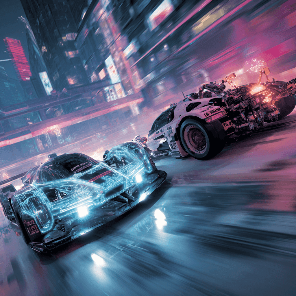 futuristic race scene between two symbolic machines -- left side: sleek, luminescent AI-born hypercar, designed for speed, glowing neural circuit patterns across the chassis, effortlessly gliding through a neon-lit track made of data streams, ultra-modern city backdrop, elegance and precision -- right side: retrofitted analog vehicle with robotic arms frantically upgrading itself mid-race, sparks flying, mismatched parts, cluttered with legacy components and old brand logos, struggling to keep up, chaotic movement -- vivid color contrast, cinematic motion blur, split-scene metaphor, visual storytelling, tech noir lighting, ultra-detailed
