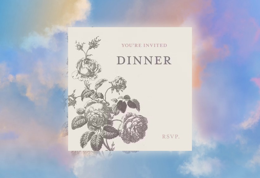 Botanical engagement dinner invitation with vintage floral art on pastel sky background.