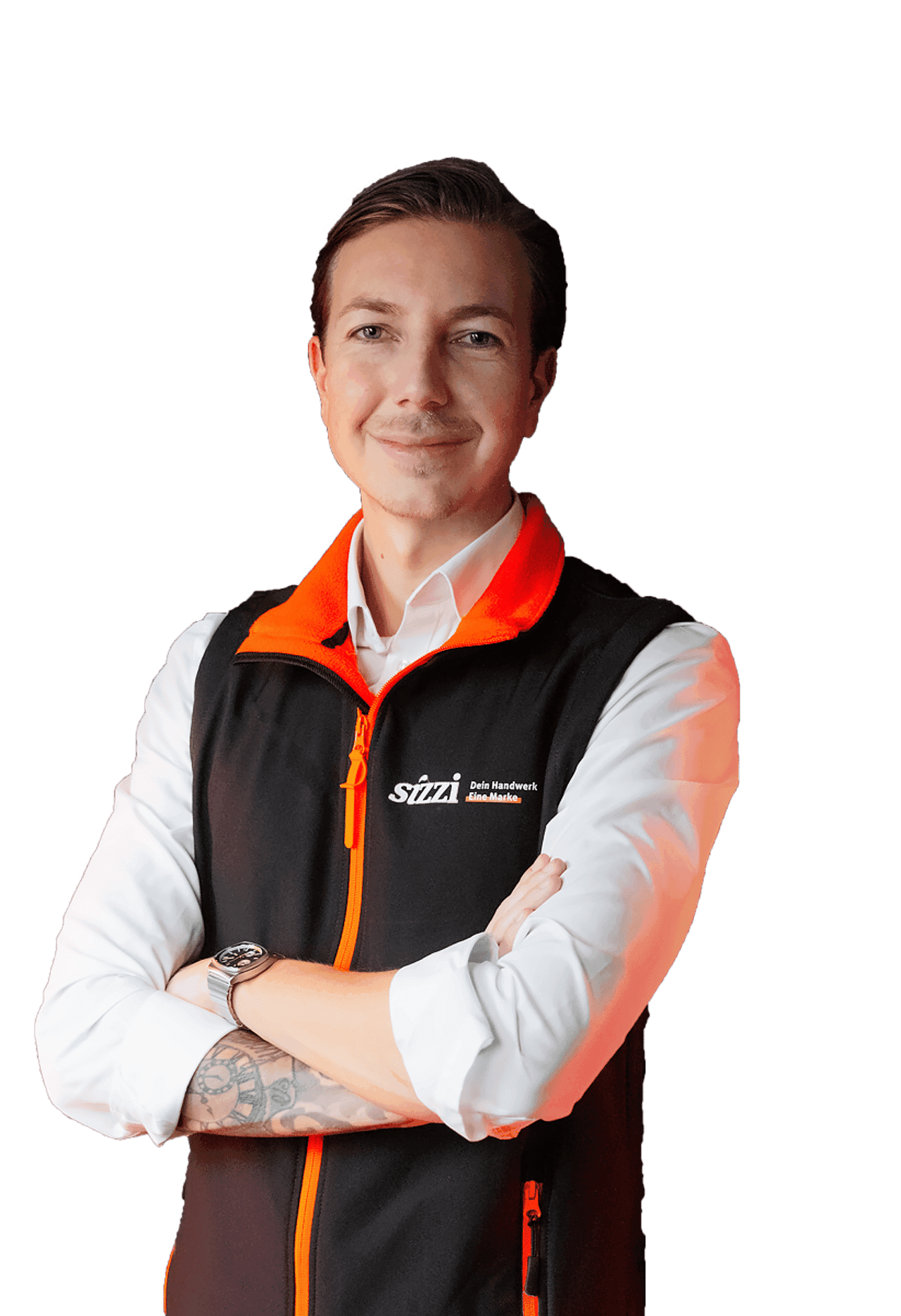 Happy woman in a green sweater holding a phone and looking up