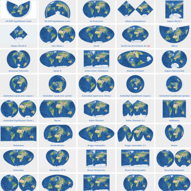Animated grid of dozens of world map projections (equirectangular, azimuthal, conic, polyconic, etc.), showing how the same globe can be reshaped—and re-centered—depending on the projection.