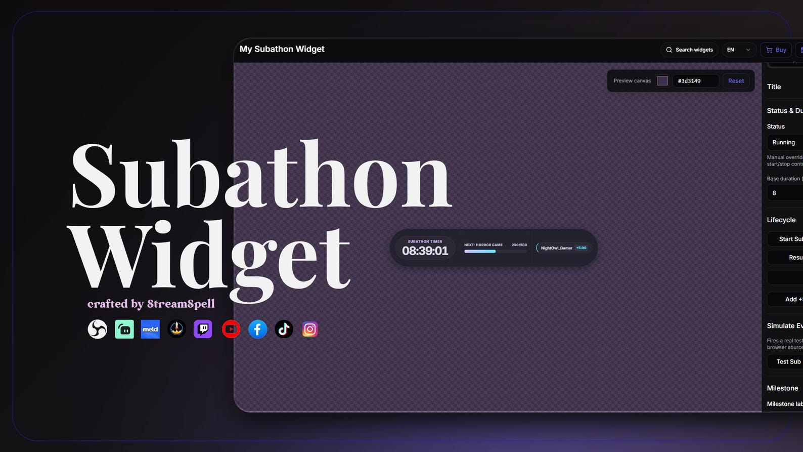 StreamSpell Subathon Widget preview with a live countdown timer, goal progress bar, and social media icons.